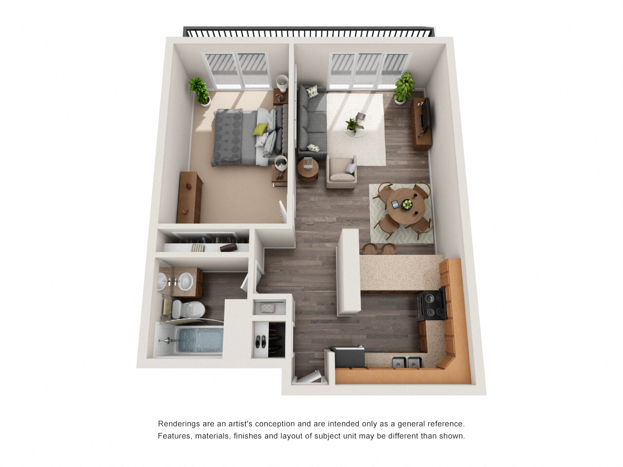 Floor plan for 1 bed, 1 bath, 693 sqft